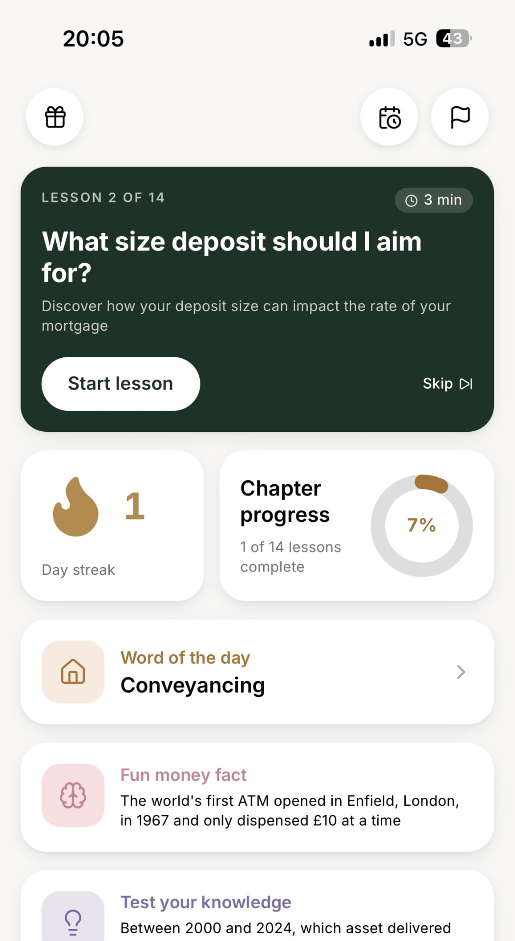 The Seed home screen with today's lesson
